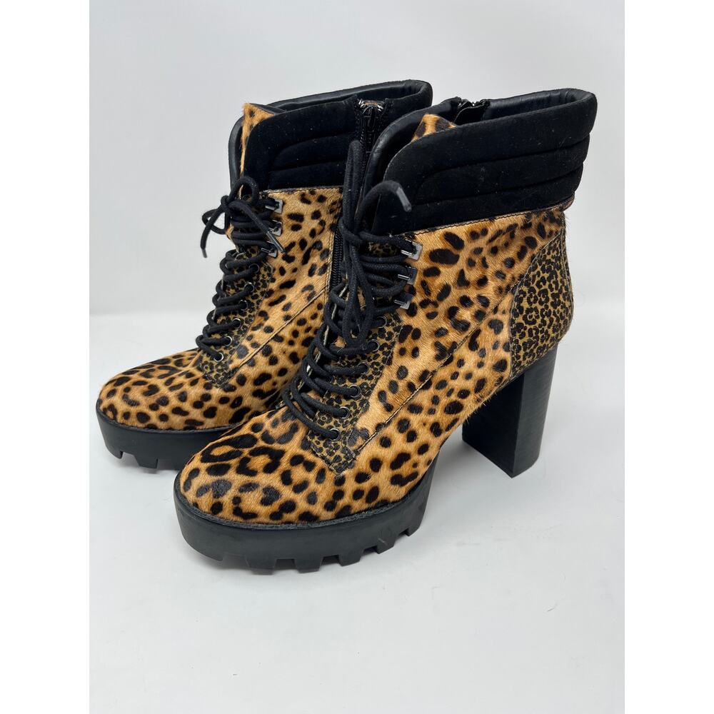 gianni bini leopard print fur combat boots chunky heel leather 11m new